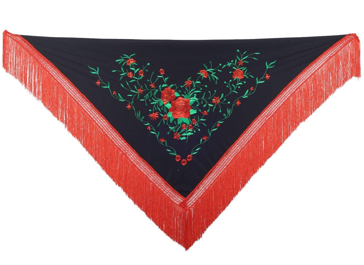 La Senorita Spanish Flamenco Dance Shawl Large Black Red Green with Red Fringes