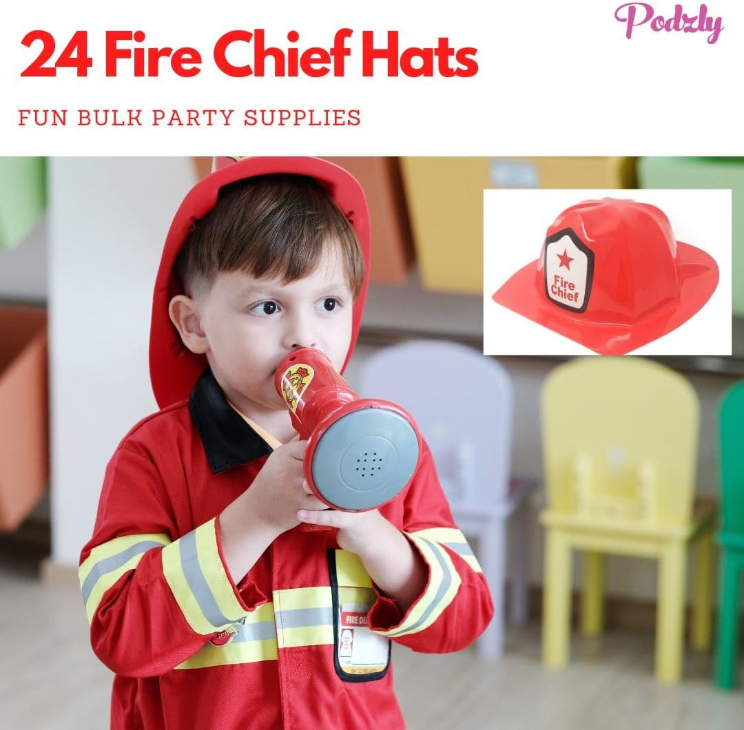 Podzly 24-Piece Kid's Firefighter Hats - Bulk Soft Plastic Firefighter Hats for Halloween Parties & Field Trips to Fire Station - Children's Headpieces in Vibrant Color & Size - Durable