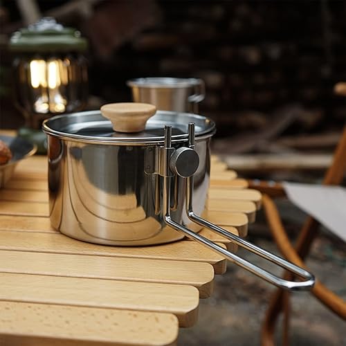 Miniatura 8 de Topyond Olla de utensilios de cocina portátil de acero inoxidable de 1 L, mango plegable, equipo de picnic para mochileros, cocina bushcraft