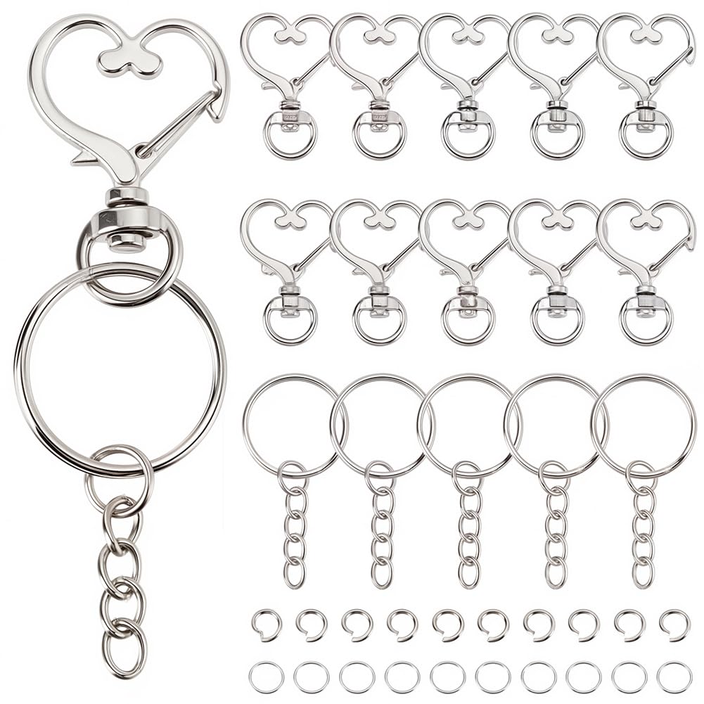 SOFPLATE 80Pcs 20 Sets Heart Keychain Clasp Silver Keychain Clip Cute Swivel Snap Hooks Metal Alloy Split Keyring with Chain Jump Rings Accessories for Jewellery Making DIY Craft Bag Charms Lanyard