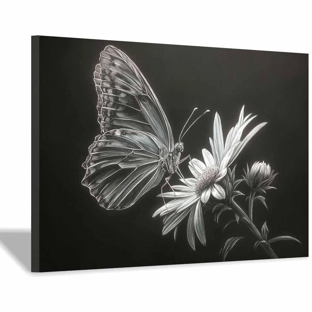 ZAMAEIU Canvas Print Wall Art Butterflies Resting ons Chrysanthemums Modern Nature Landscape Poster, for living room, bedroom,Corridor Office Room Decoretc.(white)-30x50cm Framed