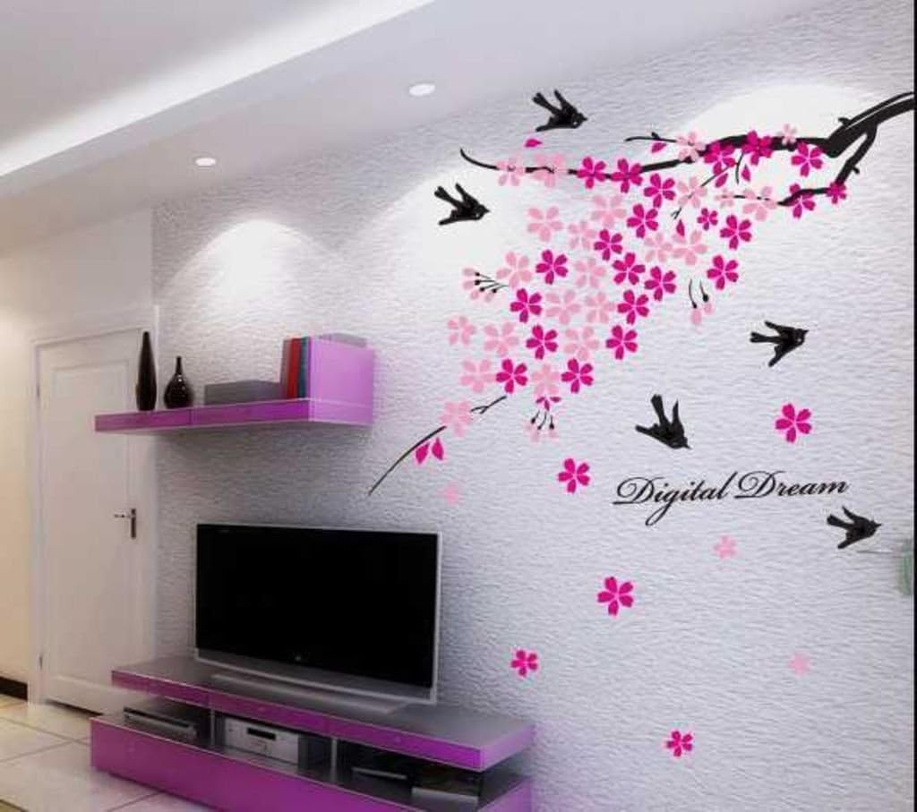 Decals Design Stickerskart Wall Stickers Pink Flower Branch with Birds (Wall Covering Area: 150x92cm,Product Dimensions: 50x70cm)