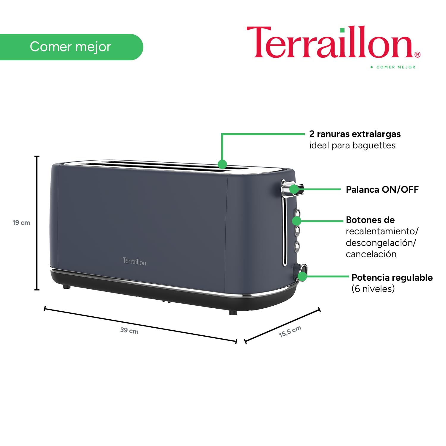 TERRAILLON - NEW MOON- Tostadora de pan largo, 2 ranuras extra anchas, 6 niveles de potencia (1550W) - Descongelación, calentamiento, apagado automático, cajón recoge migas, cuerpo de acero inoxidable