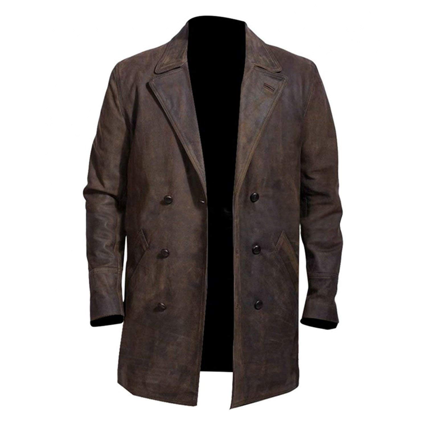 Fashion_First Mens WW2 Brown Real Leather Trench Coat Peacoat - Men Double Breasted German Mid Length Leather Jacket