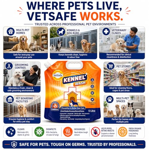 Image of VetSafe Kennel Wash 5 litre (5L) | Concentrated Kennel Cleaner & Pet Floor Cleaner | Odour Neutralizer & Pet Area Freshener | Safe for Dogs & Cats | Kennel, Cage, Floor & Pet Area Sanitizer