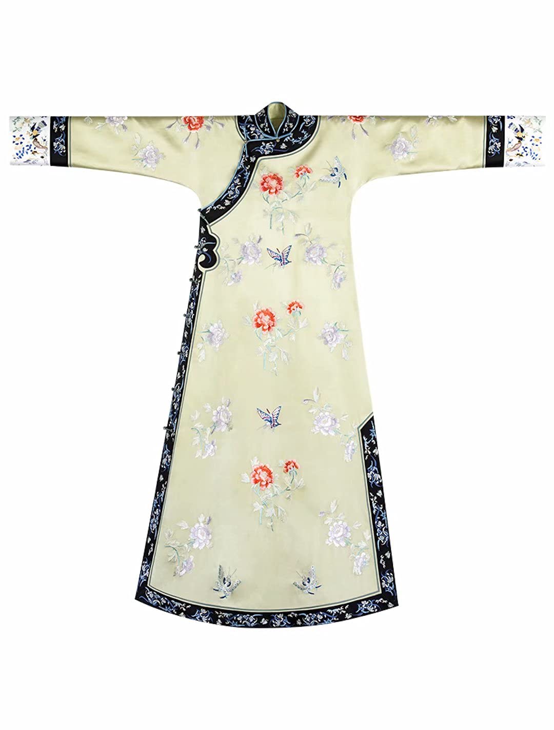 HangErFeng Women's Ancient Chinese Dress Silk Peony Embroidery Oblique Placket Cheongsam 045