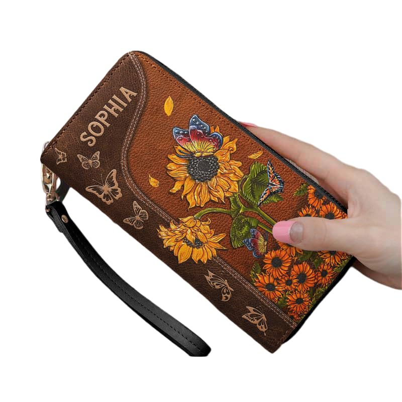 Personalized Butterfly Women Leather Wallet with Sunflower, Vintage Custom Name Monarch Floral RFID Blocking Zip Pocket Long Ladies Travel Clutch
