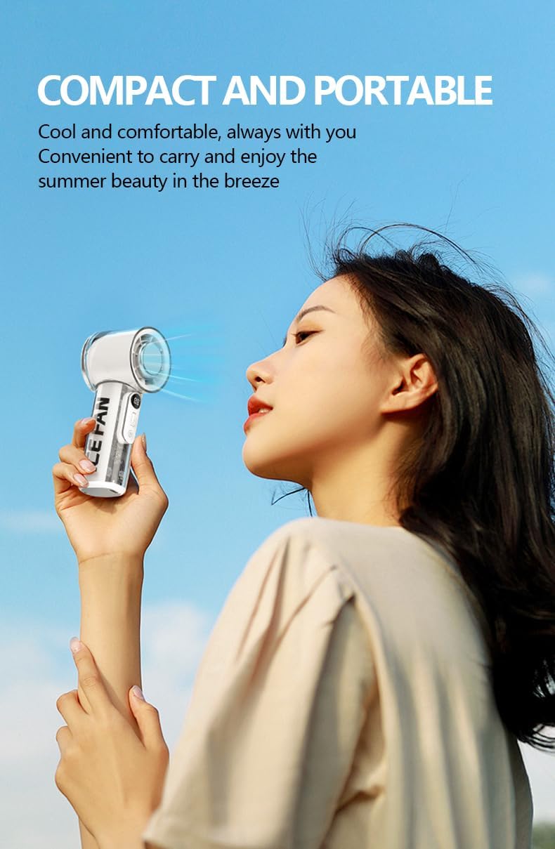 Transparent portable handheld cooling fan, 12000rpm powerful turbo personal cooling fan, digital display screen, rechargeable 3000mAh battery, 100 wind speeds (BLACK)