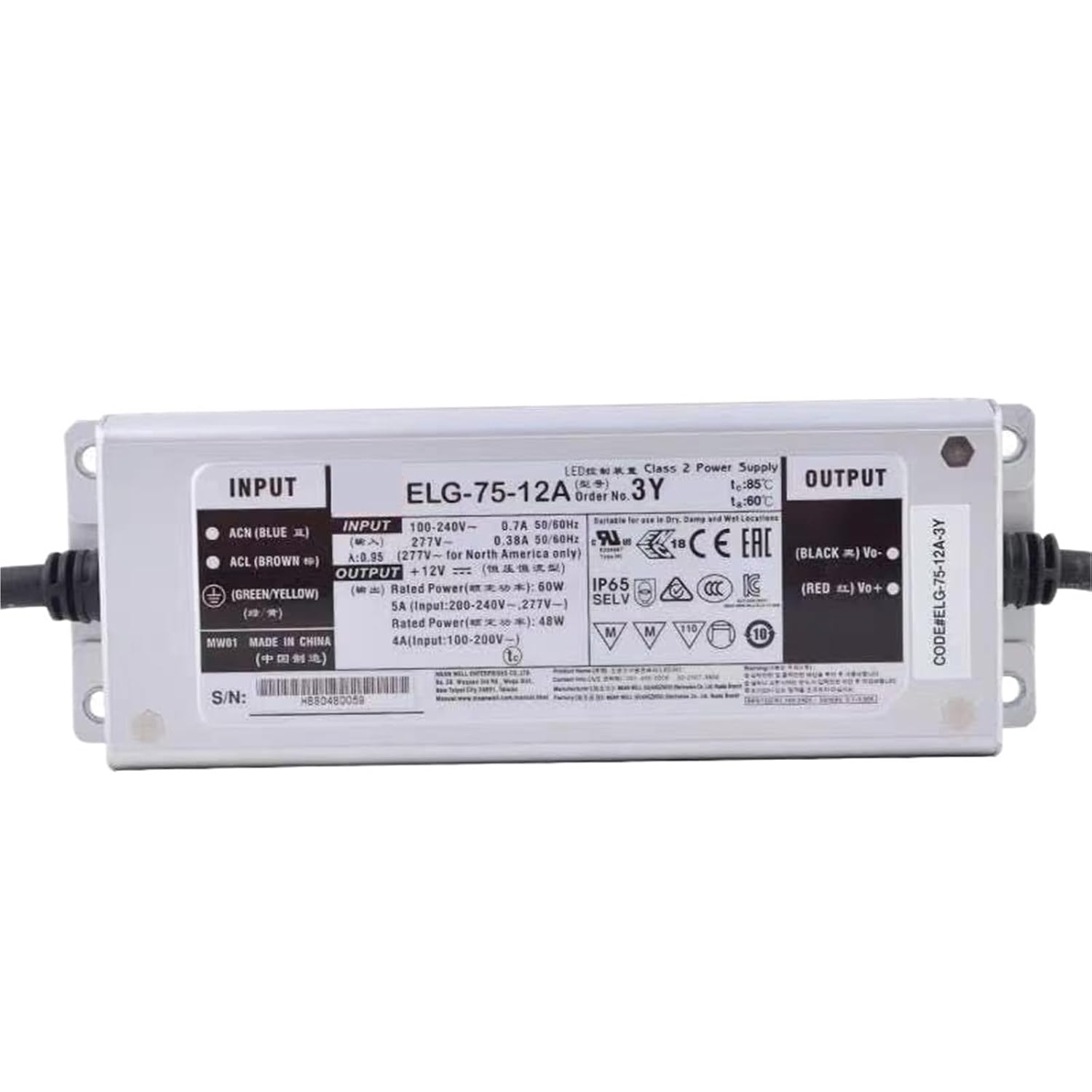 1pcs ELG-75-12A-3Y 12V5A Constant Voltage LED Lighting Driver Buit-in Active PFC Function AC-DC Indoor Outdoor IP65