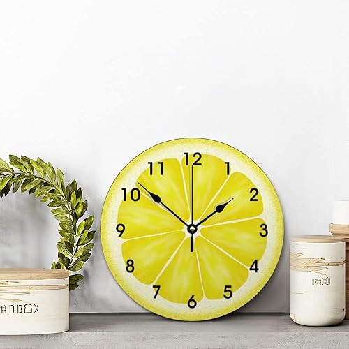Miniatura 4 de ArogGeld Reloj de pared de limón amarillo, reloj de madera cítrica de 10 pulgadas, silencioso, sin tictac, funciona con pilas, para sala de estar,
