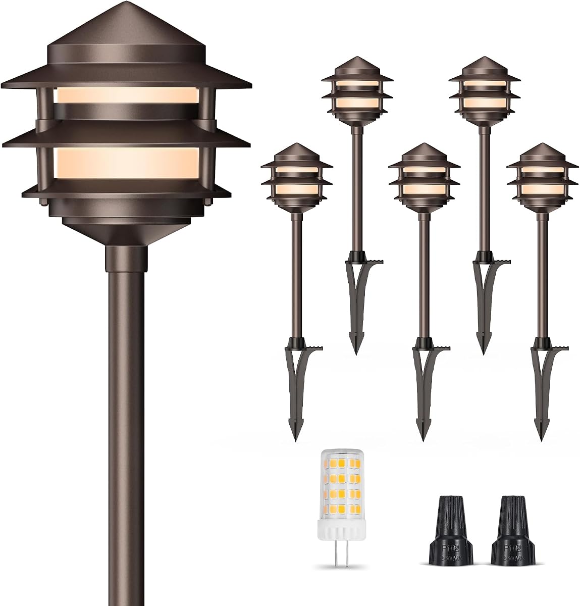 Pagoda Low Voltage Landscape Pathway Lights, 12V Outdoor LED Path Lights Wired, Aluminum Walkway Lighting with 4W 2700K Replaceable G4 Bulb, Bronze Classic 3-Tier Lantern, 6 Pack