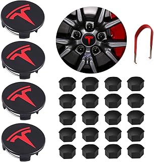 Tesla Model 3 Wheel Center Hub Cap Kit, Y, S & X Wheel Cap Kit Center Cap Lug Nut Covers (4 Hub Center Caps + 20 Wheel Lug Nut Covers) Black&Red Tesla Accessories
