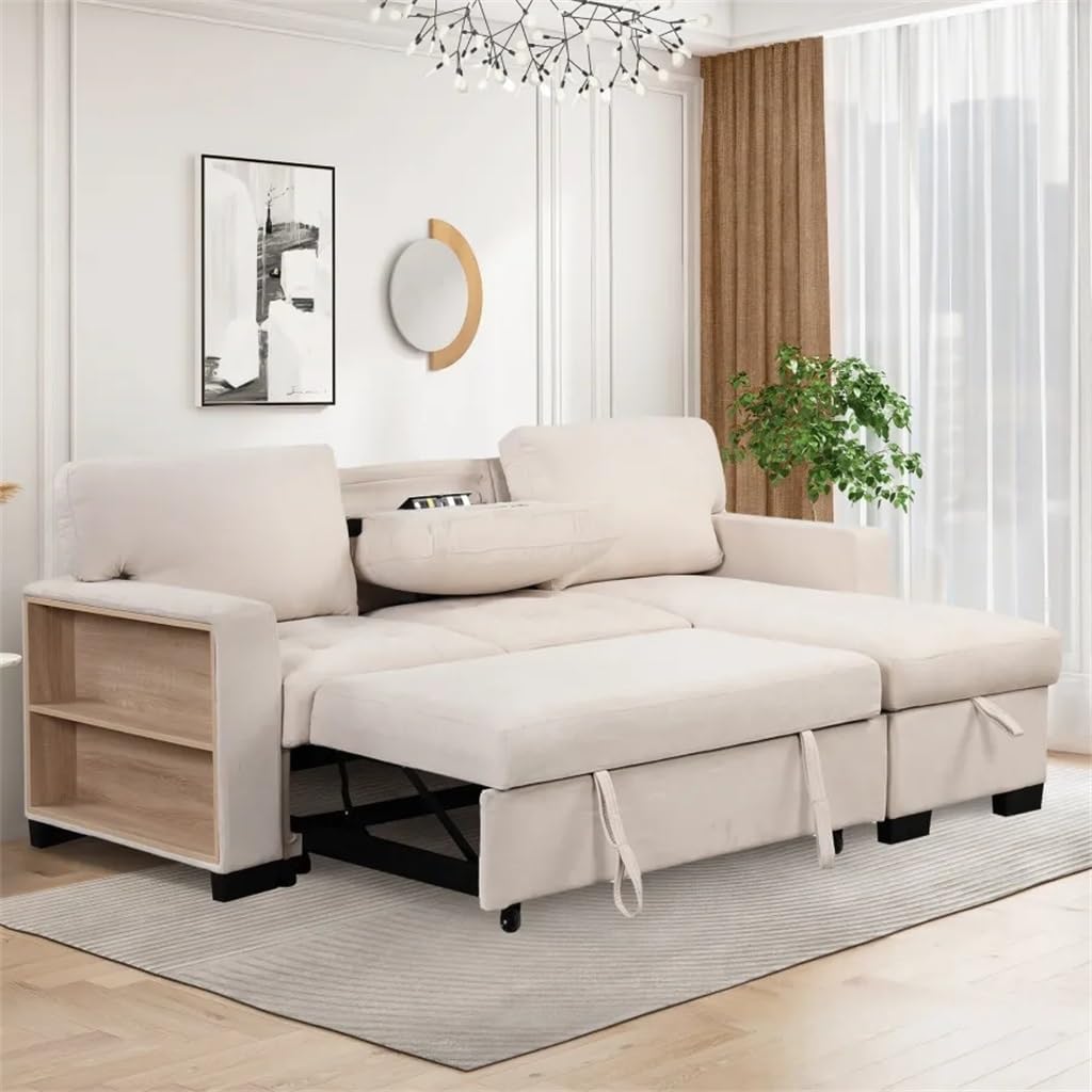 Functional Light Chaise Sofa with Storage Rack Pull-Out Bed Drop Down Table and Charger,for Living Rroom