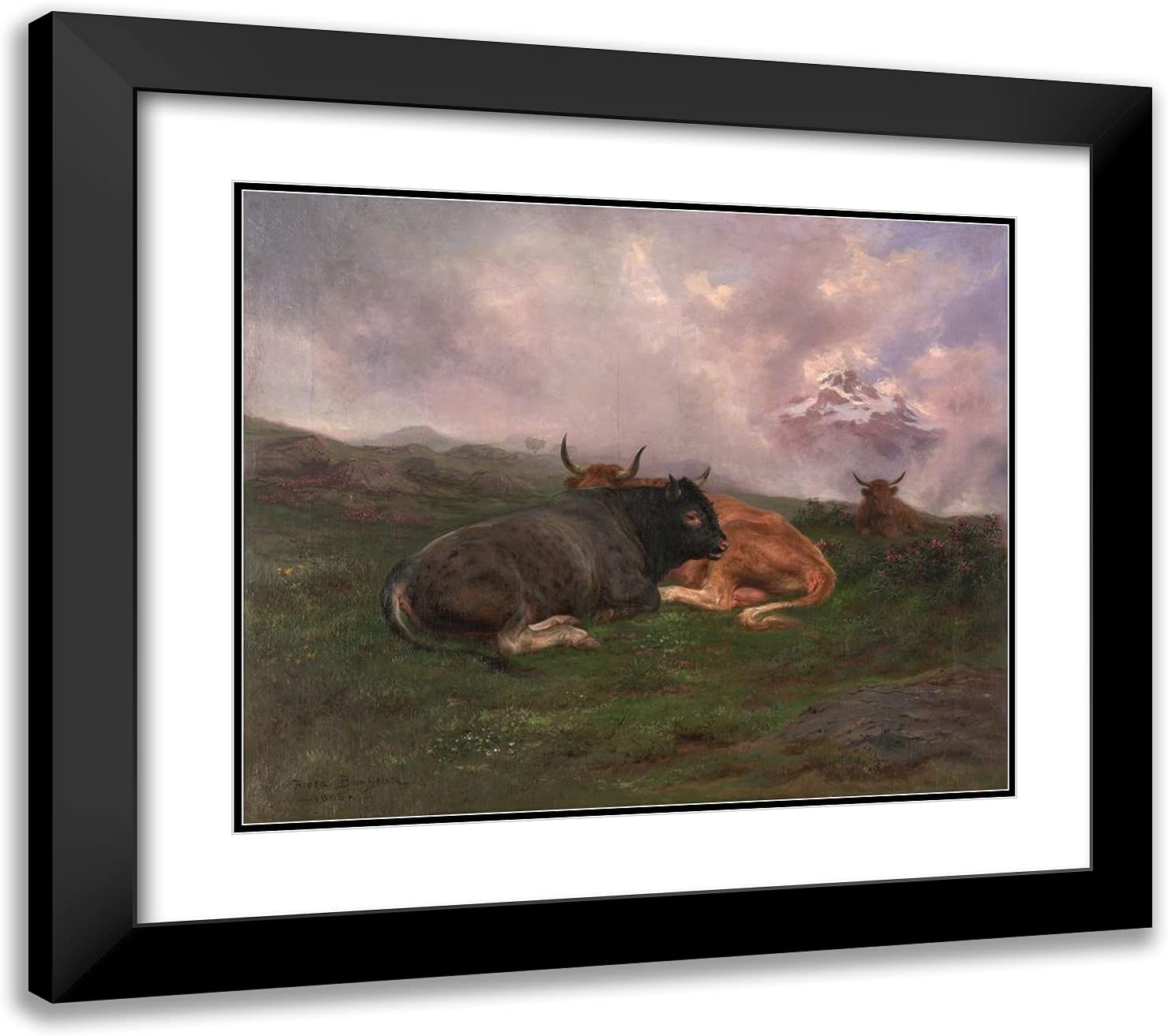 ArtDirect Bonheur Rosa 23x20 Gold Ornate Framed Art Print with Double Matting Titled: Cattle at Rest on a Hillside in the Alps 1885