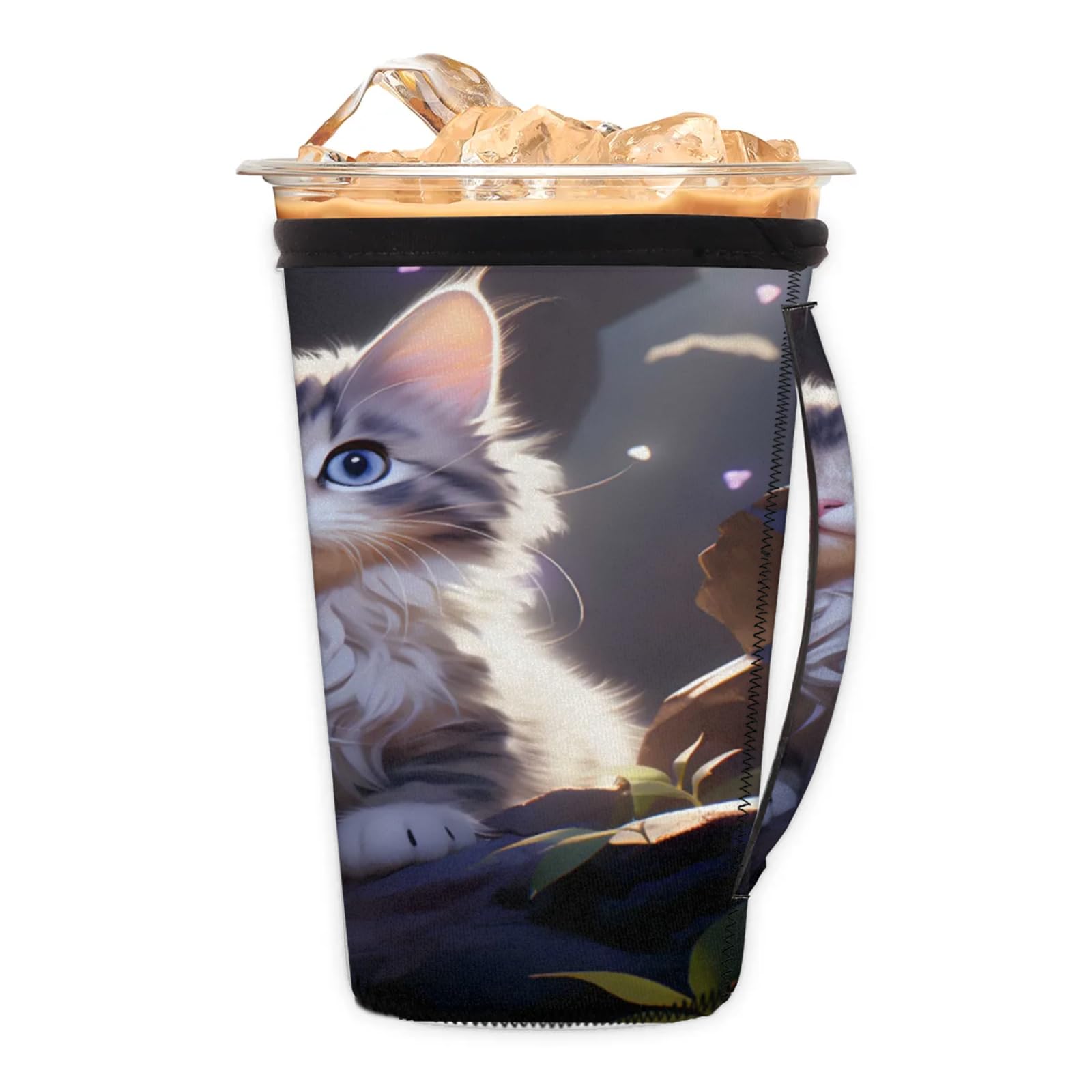 Cute Cat Night Reusable Neoprene Coffee Sleeve with Handle Insulated Iced Coffee Cup Holder Reduces Condensation Fits 24-28 oz Cups M