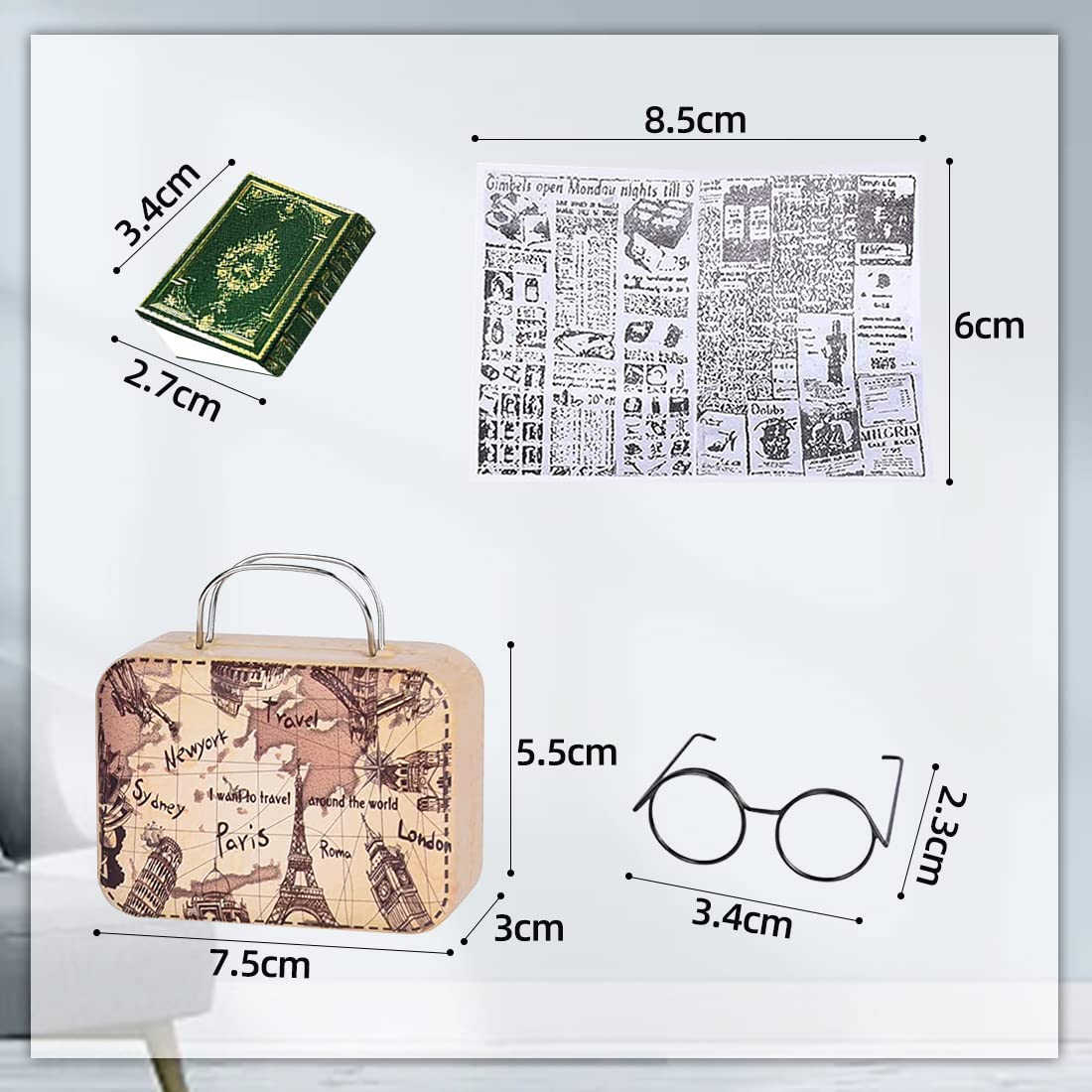 FUKPO – Set De 9 Accesorios En Miniatura Para Casa De Muñecas: Maleta, Guitarra, Cámara, Gafas, Libros, Periódico Y Utensilios De Baño