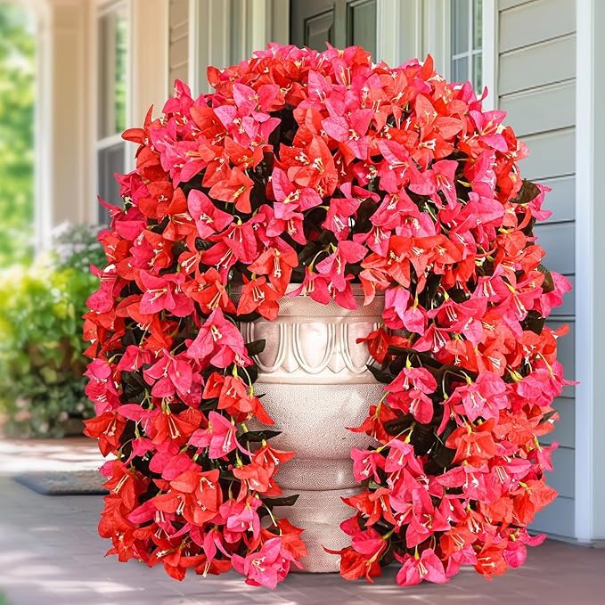 Garden Art Pack of 1 Artificial Bougainvillea Flowers Hanging Without Pot, Realistic Faux Silk Hanging Plants for Outdoor Porch Patio Balcony Decoration GAAHB-8SH4LH-64R (Red)
