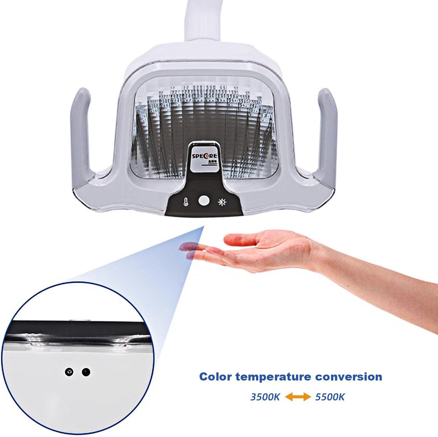 Dental Oral Exam Light, Adjustable Color Temperature 3500K-5500K, Shadowless Lamp with Reflective Cup, Manual Sensor Switch, Detachable Handle, 22mm Connector