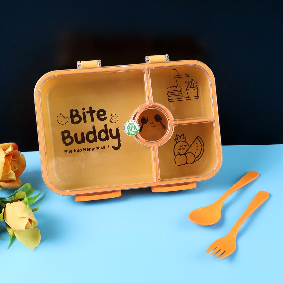 Image of Bite Buddy 4 Compartment Leak Resistant Plastic Lunch Box with Spoon Fork Office School Travel Tiffin Food Storage Daily Meal Organizer