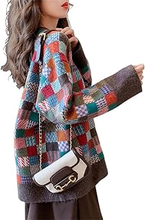 [ZHENGTU] ニットセーター レディース セーター チェック柄 カラフルな格子 ニット クルーネック プルオーバー 長袖 トップス 可愛い ファッション 保温 防寒 ゆったり 秋冬 普段着 レトロ