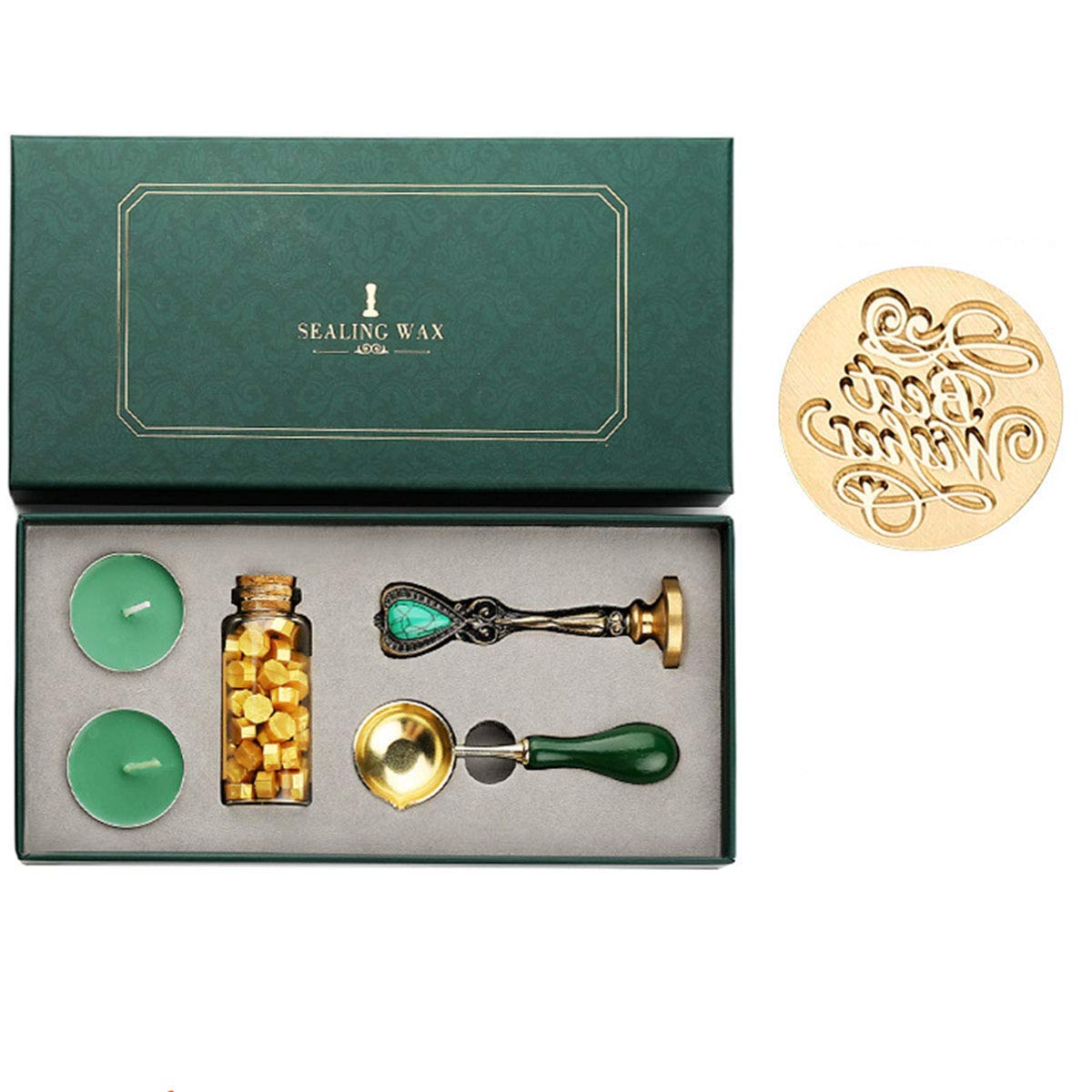 SuperDuo Stamp Sealing Wax kit Vintage Seal Wax Gift Box Set Crafts and Classic Decoration Retro Wax Stamp Sealing Wax Beads Candles Melting Spoon (BestWishes)
