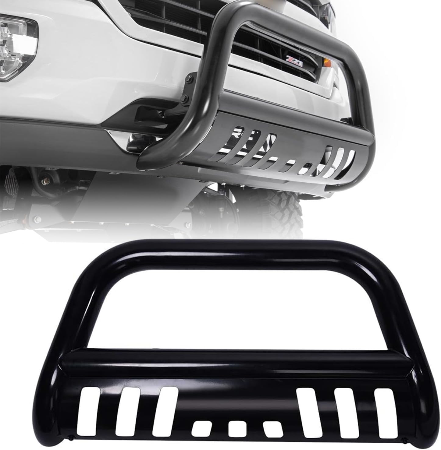 Bull Bar Front Bumper Grille Guard Replacement for Chevy Silveardo 2019-2024, Bull Bar Fit for 2019-2023 GMC Sierra 1500, 3" Bull Bar Grille Stainless Steel Chrome with Skid Plate