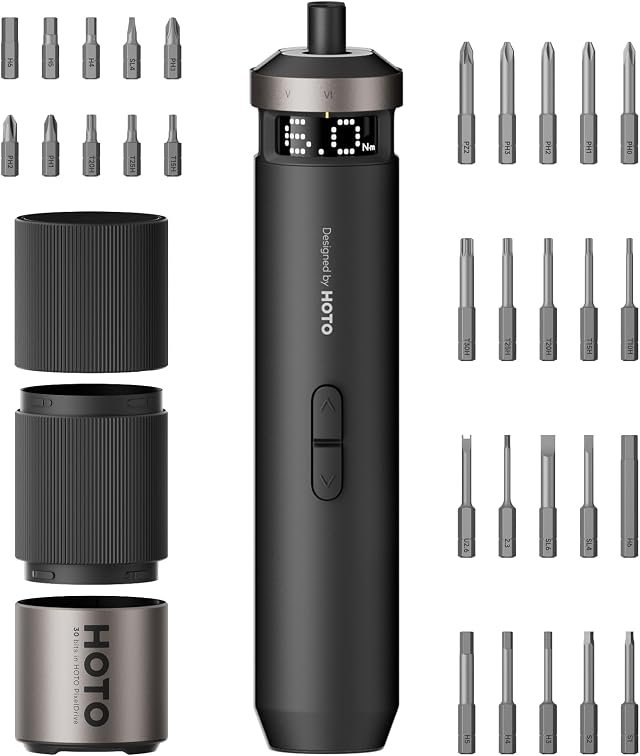 HOTO PixelDrive Cacciavite Elettrico, Set Avvitatore, Display Smart | 30 Punte 1/4'', 6 Coppie, 0,5-6 N·m, Luce LED, Ricarica 2000mAh, Gadget Tech, per Elettronica e Riparazioni Domestiche