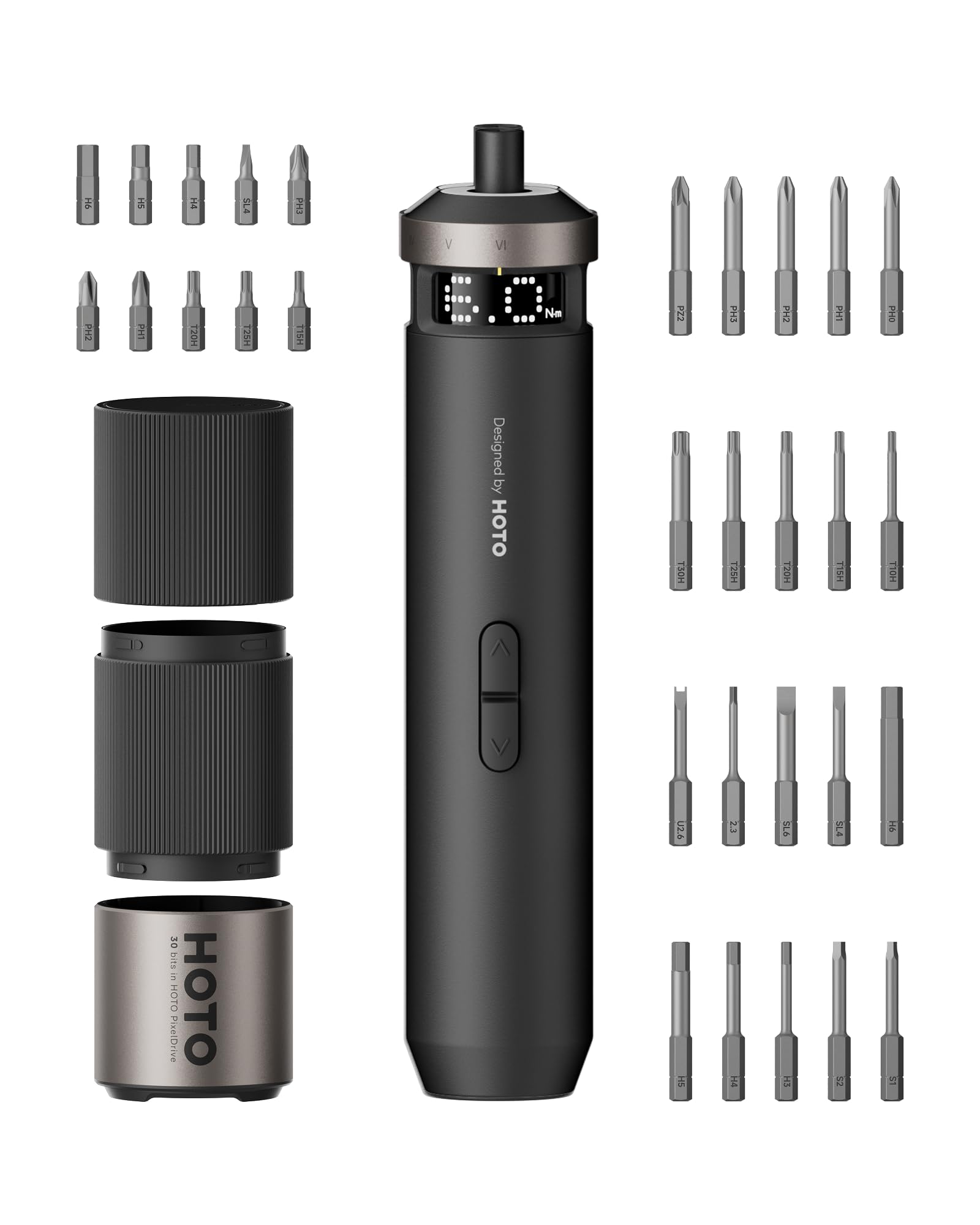 HOTO PixelDrive Cacciavite Elettrico, Set Avvitatore Elettrico con Display Intelligente, 6 Coppie (0,5-6 N·m), 30 Punte 1/4'', Luce LED, Batteria 2000 mAh, per Elettronica e Riparazioni Domestiche