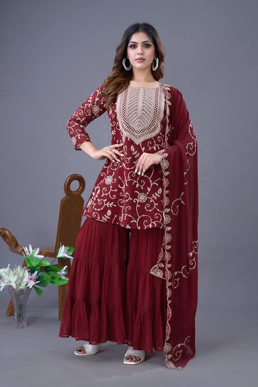 Womens 3 PCS Sharara Suit Georgette With Heavy Embroidery Sequence Work and Full Sleeve