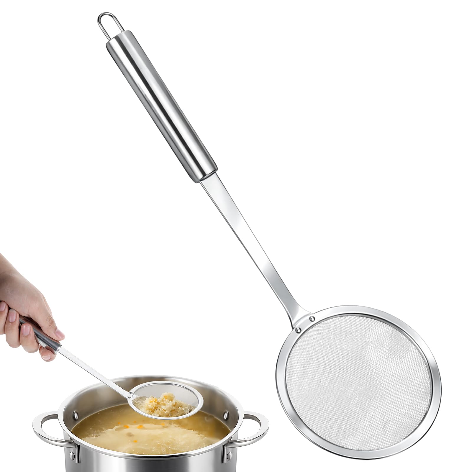 Stainless Steel Ultrafine Mesh Oil Skimmer Strainer, Fine Mesh Strainer Skimmer Spoon Soup Residue Oil Strainers Colander Spoon with Long Handle for Skimming Cooking Frying Grease Gravy and Foam