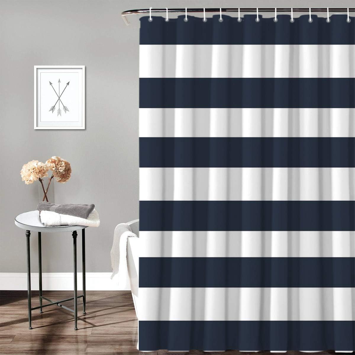 Fabric Shower Curtain: Nautical Stripe Design (Navy and White) 60x72inch