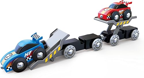 Miniatura 5 de Hape Transportador de autos de carreras | Juego de transporte de autos de tren de juguete de madera de seis piezas para niños