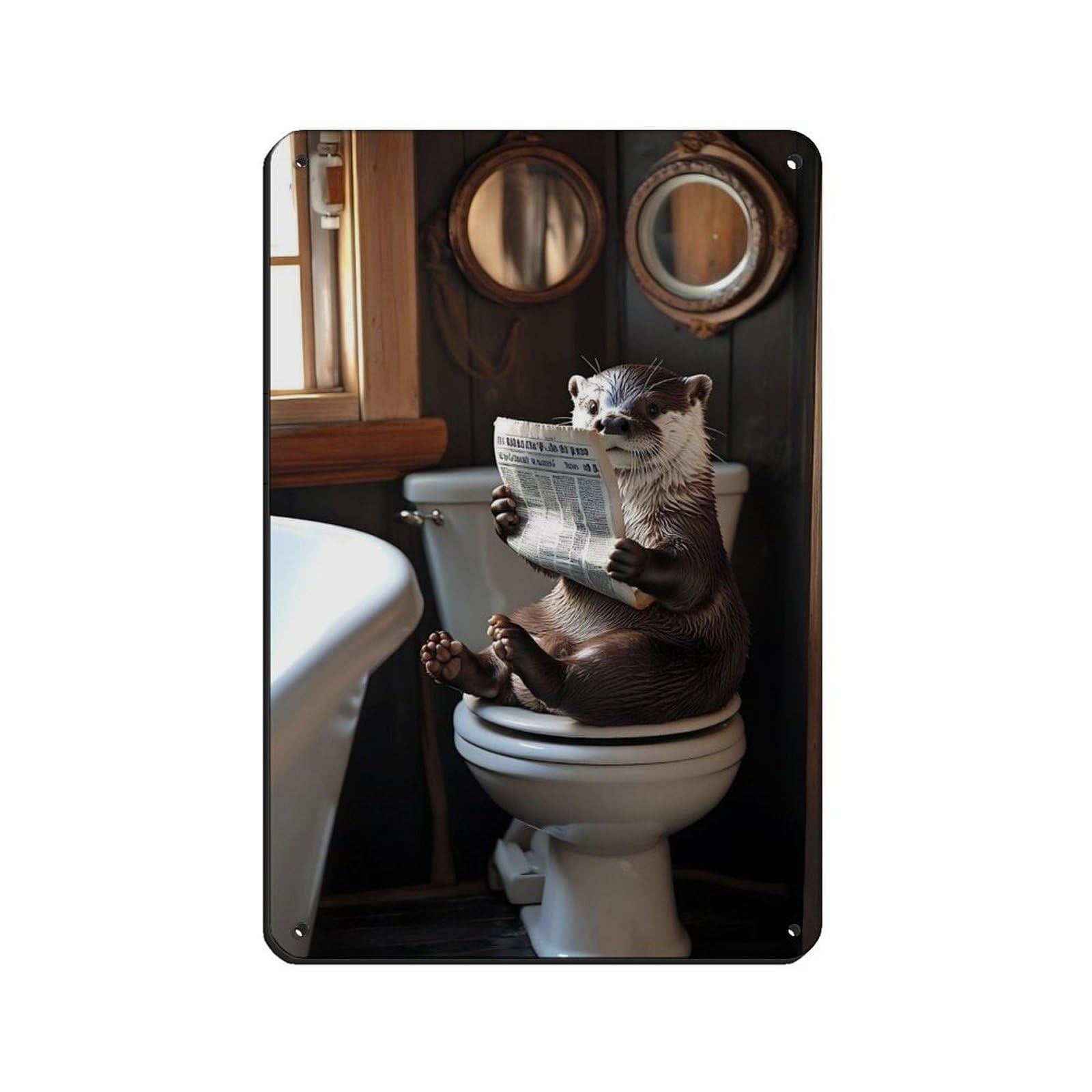 Lxwnze 20L X 30W Cm Funny Animal Bathroom,Otter With Newspaper Tin Sign Vintage Metal Pub Club Cafe Bar Home Wall Art Decoration Poster Retro 8X12inch(20X30cm)