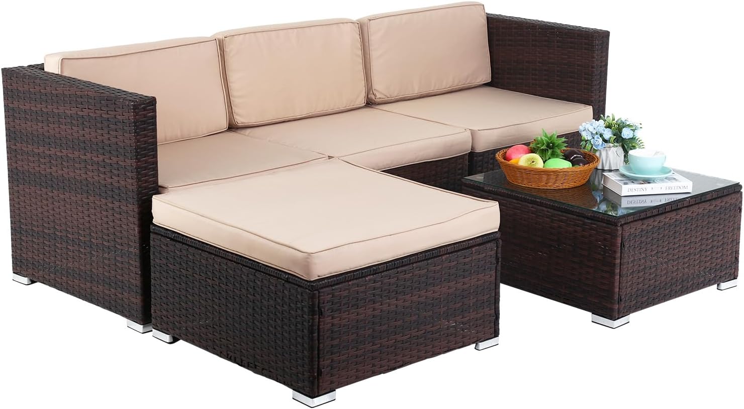 Dopinmin 5 Piece Rattan Patio Furniture Set assembled with cushions and coffee table