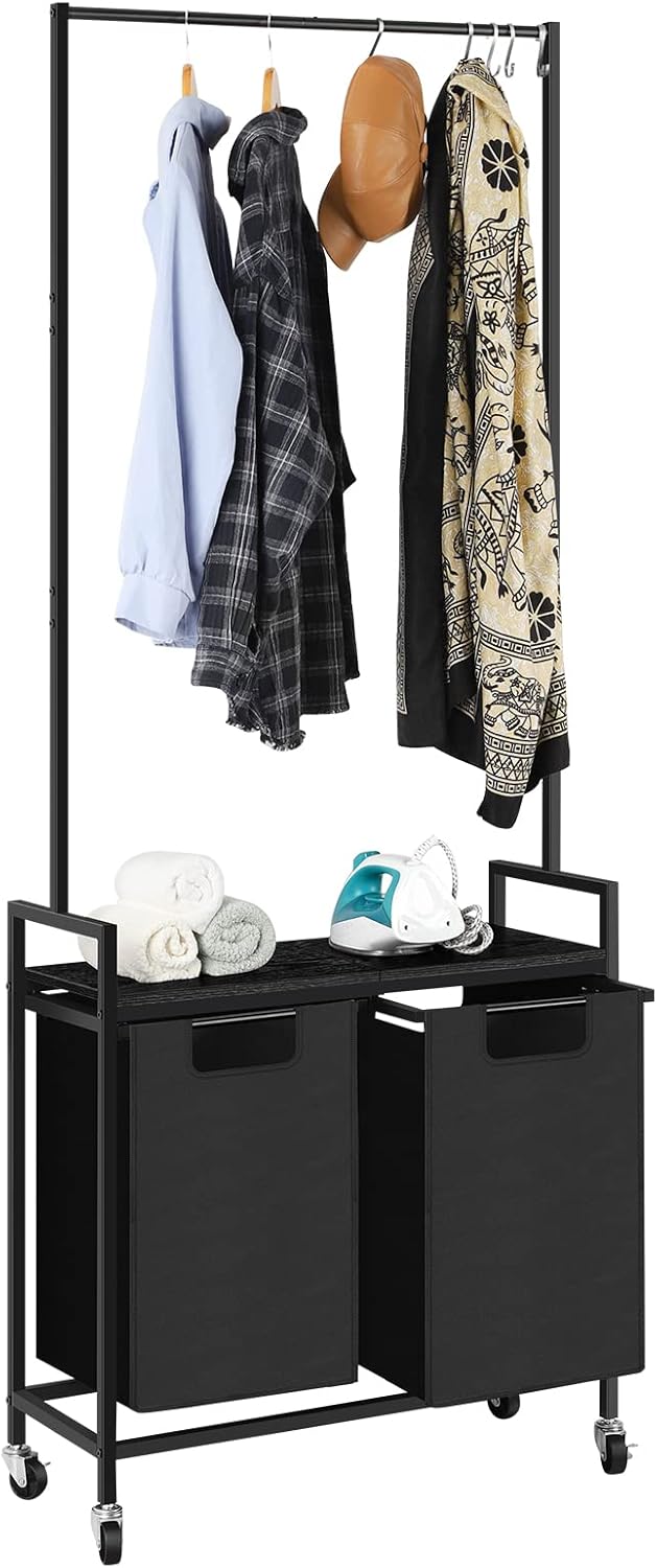 Laundry Hamper with Clothes Hanging Rack Rolling Laundry