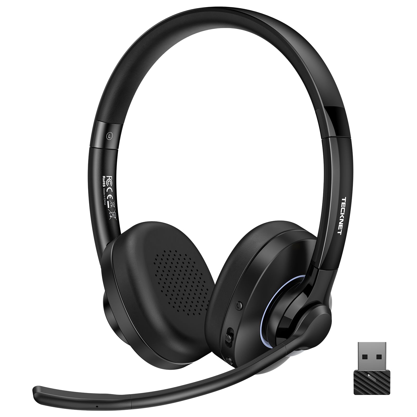 TECKNET Bluetooth Headset Wireless Headset with Microphone Active Noise Canceling,Bluetooth 6.0/USB-A On-Ear Headphones,50H Playtime & Mute,Wireless Headphones with Mic for Trucker Cellphone Office