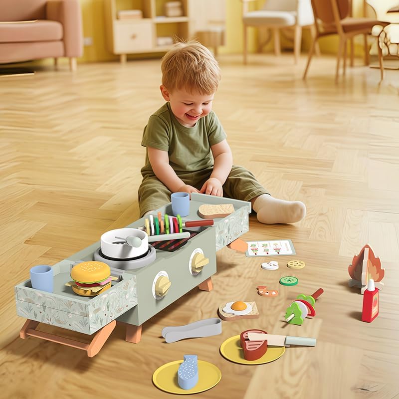 Miniatura 8 de Juego de parrilla de madera para niños, juego de cocina de barbacoa para niños, juego de parrilla con simulación de sonido, juguetes de cocina para