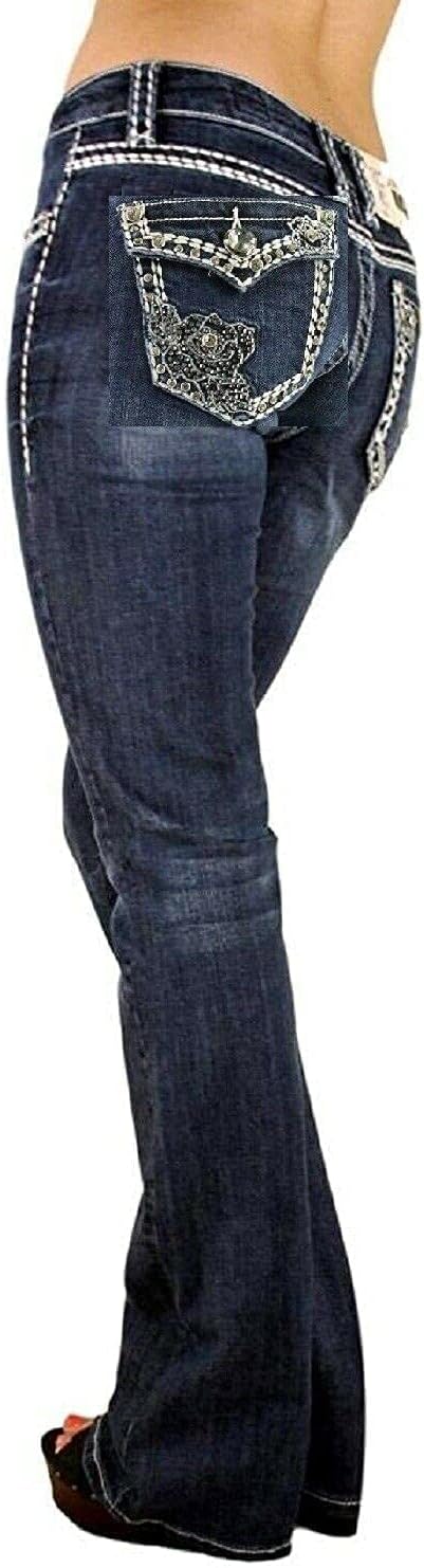 Jack David/LA Idol/Sexy Couture Women's Rhinestone Mid Rise Bootcut/Skinny Blue Stretchy Denim Jeans Pants