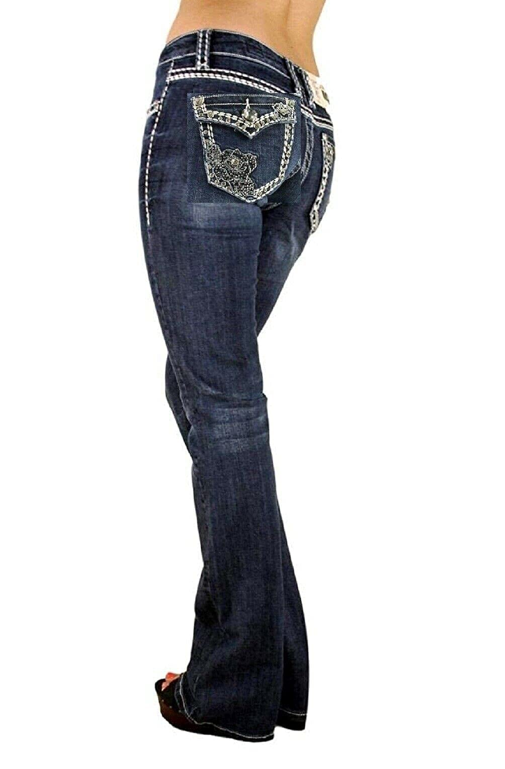 LA Idol Jack DavidRose 2 Rhinestone Studded Medium Wash Denim Bootcut Flap Pocket Jeans