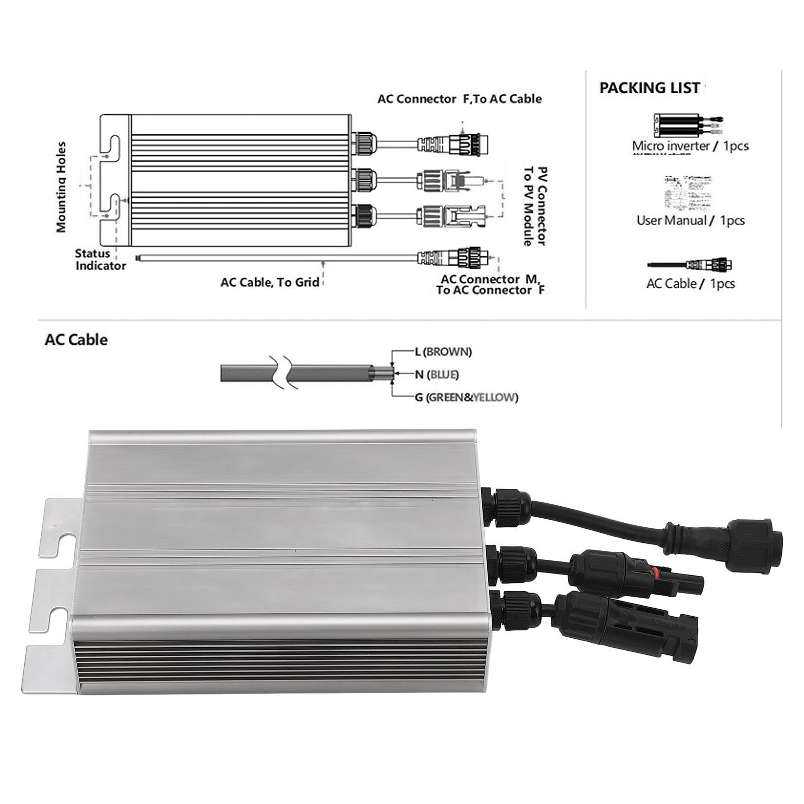 Micro Inverter Solare MPPT, Regolatore di Carica Fotovoltaico Impermeabile a Onda Sinusoidale Pura, 120 V AC 230 V, Tasso di Conversione Elevato, Materiale in Lega di Alluminio