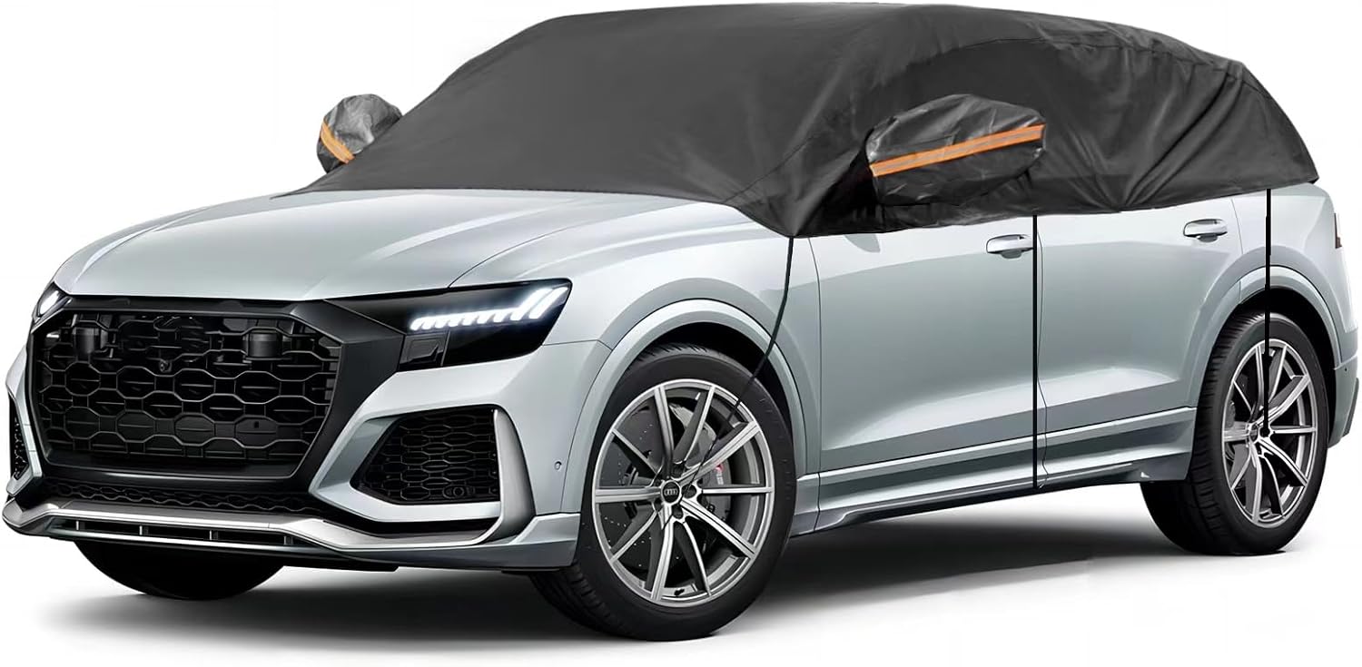 Half Car Cover for SUV(184"-212"), Windshield Snow Cover Hail Protector Car Cover Sunroof Cover for Dustproof Sunproof, Universal Black SUV Car Cover for Waterproof All Weather.