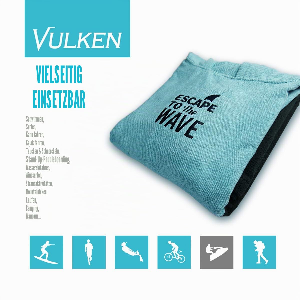 Vulken Strandtuch mit Kapuze, extra groß, Blaugrün, dick, Strandtuch, Wickelmantel, Surf-Poncho, Herren, für einfaches Umziehen in der Öffentlichkeit, schnelltrocknend, Wasserpark, L/XL