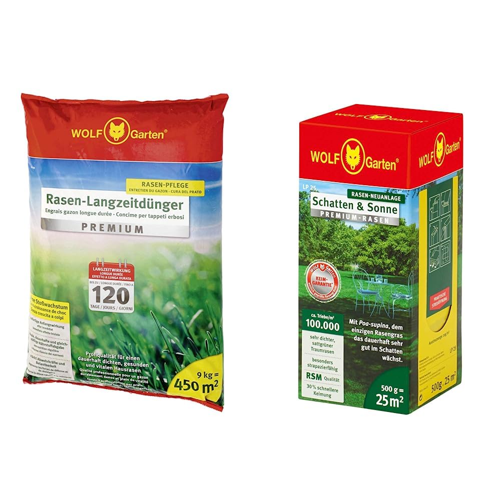 WOLF Garten - Rasen-Langzeitdünger »Premium« 120 Tage LE 450, 3830045, 450 m² & Premium-Rasen »Schatten & Sonne«LP 25; 3820020