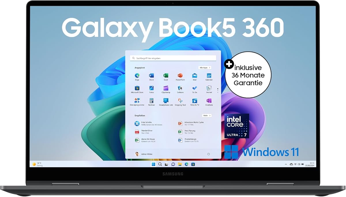 Samsung Galaxy Book5 360 15,6" 2-in-1-Laptop, Convertible AI-Notebook mit Intel Core Ultra 7 Prozessor, 16 GB RAM, 512 GB Speicher, Moonstone Gray, 3 Jahre Herstellergarantie [Exklusiv bei Amazon]