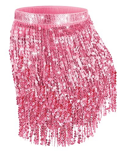 2 Pieces Sequin Tassel Skirt Belly Dance Hip Scarf Performance Outfit Sequins Skirt Belts Body Accessories For Women Girls (Silver, Pink,Basic) #TOP3