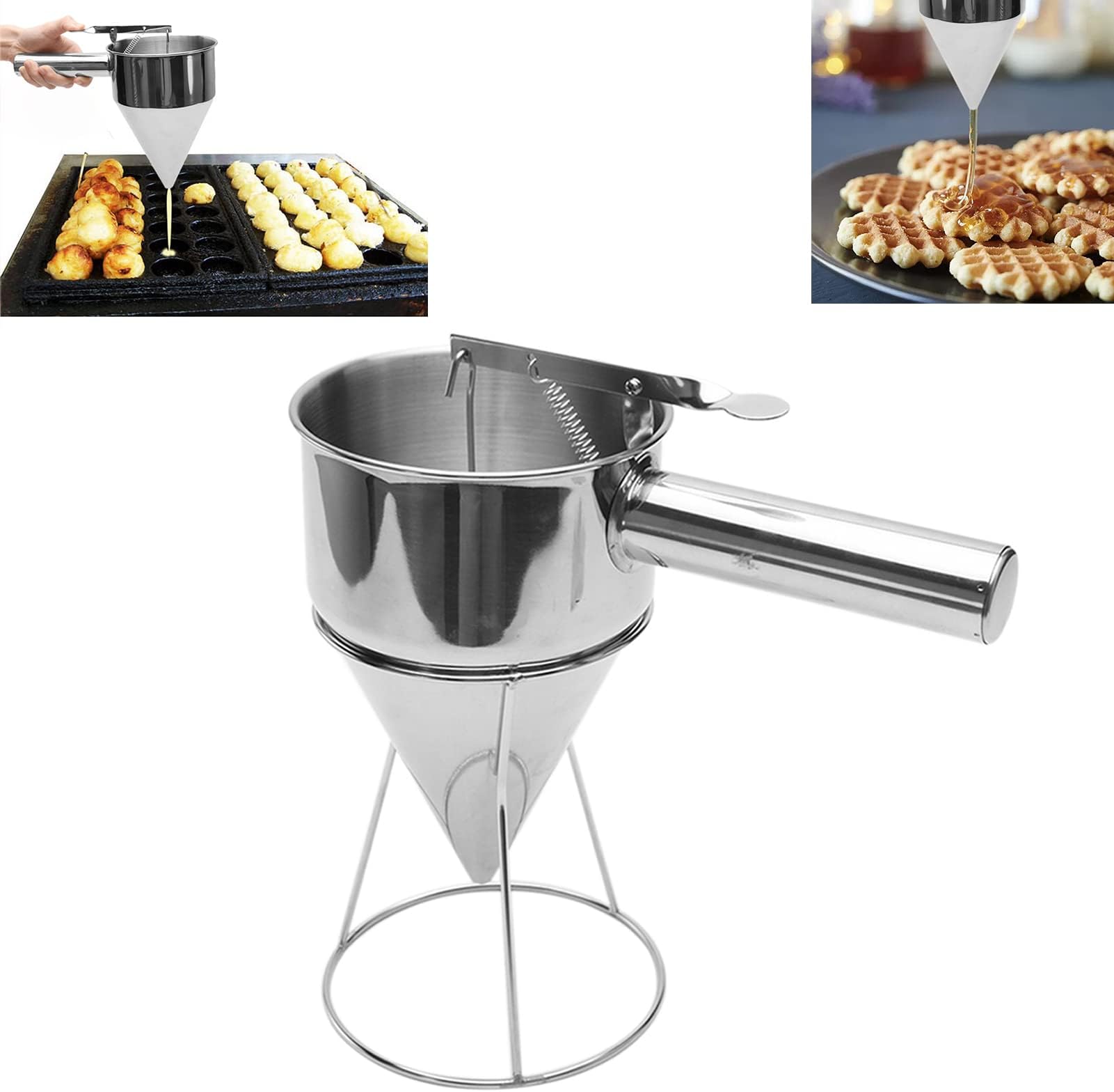 MOVKZACV Pancake Batter Dispenser, Octopus Balls Funnel with Rack, Stainless Steel Funnel Dispenser with Stand, Funnel Cake Desserts Maker Pancake Maker Octopus Ball Making Kitchen Tool
