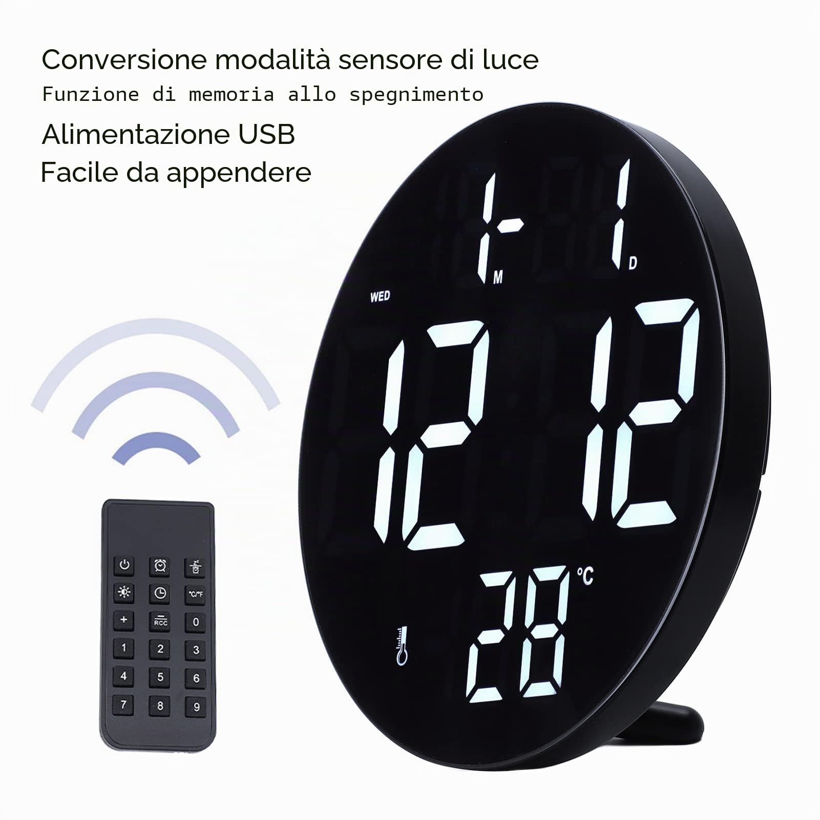 Orologio da Parete Digitale Con Display 12/24 Ore - Alimentato a Batteria e USB - Per Soggiorno