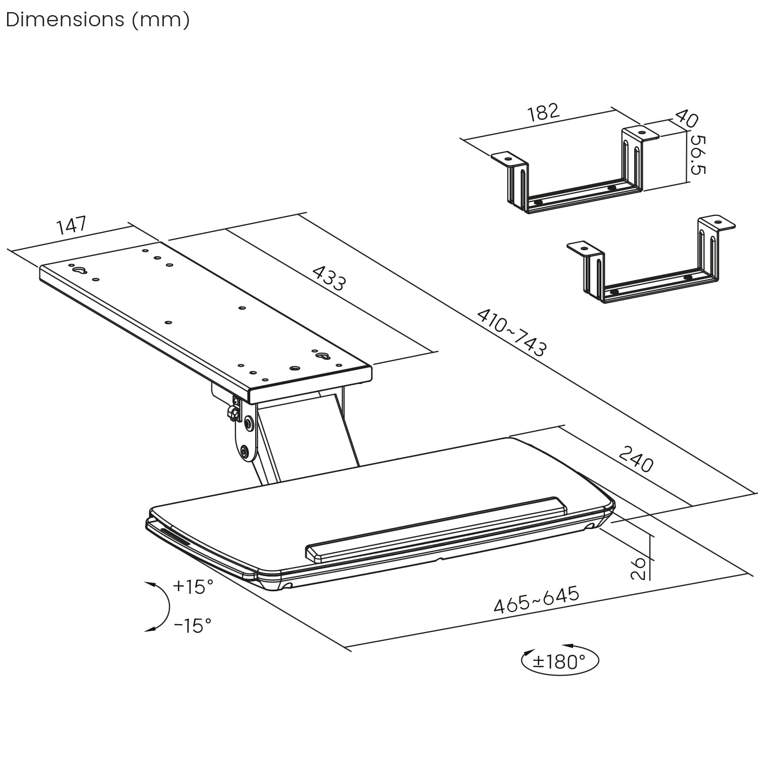 Maclean Plateau pour Clavier avec Plateau pour Souris - Réglable en Hauteur - Inclinable et Rotatif - Support Ergonomique pour Bureau jusqu'à 5 kg - Support de Clavier en Acier et Plastique (Noir)