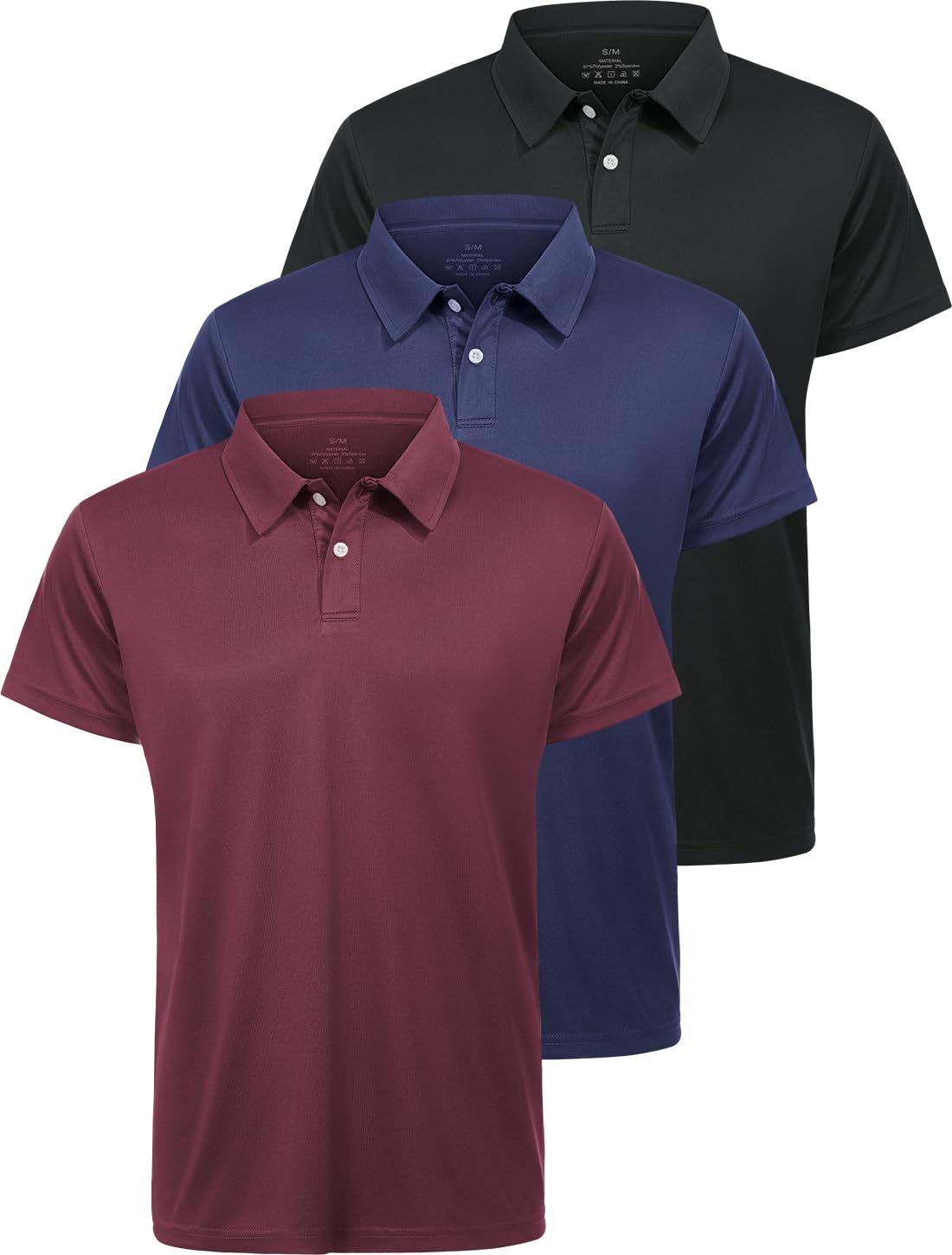 Star Vibe3 Pack Polo Shirts for Men Quick Dry Activewear Short Sleeve Golf Polos Moisture Wicking Sport Casual Work Shirt Black/Navy/Wine Red S/M