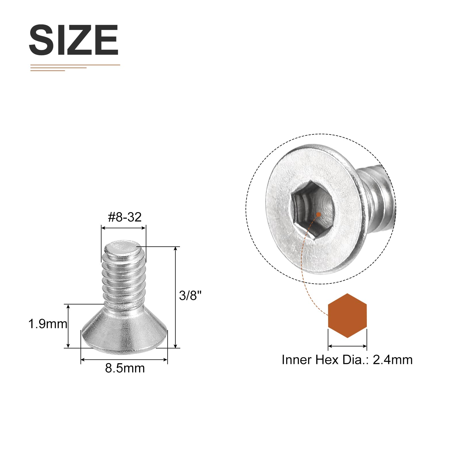 DTGN #8-32 x 3/8" Flat Head Socket Cap Screws, 50 Pack 304 Stainless Steel Hex Socket Flat Head Screws, Full Thread, Countersunk Bolts - Image 2